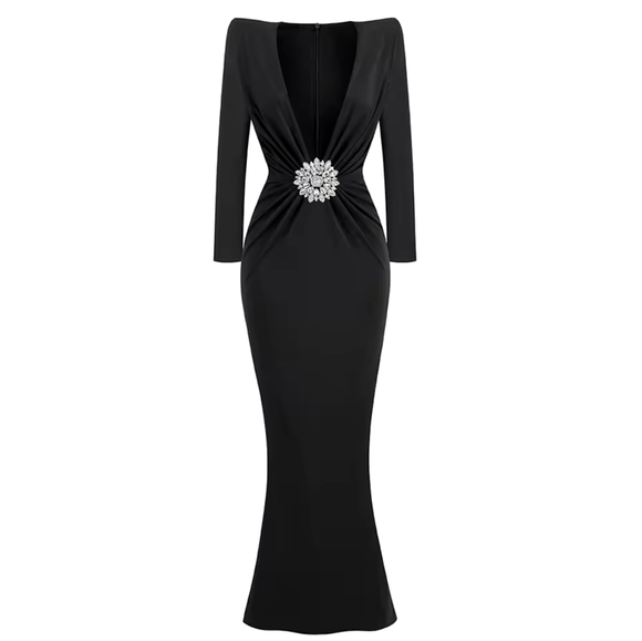 Long Sleeve V Neck Pleated Diamond-encrusted Flower Decorated Bodycon Maxi Dress - Picture 2 of 10